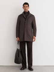 Reiss Dark Brown Flaye Hybrid Gilet-Insert Funnel-Neck Overcoat - Image 3 of 9