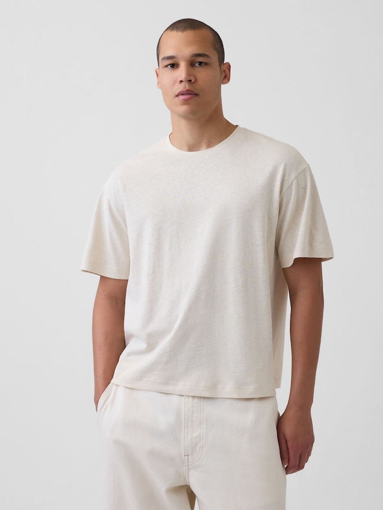 Gap Cream Linen-Cotton Oversized Boxy Short Sleeve T-Shirt - Image 1 of 4 Gap Cream Linen-Cotton Oversized Boxy Short Sleeve T-Shirt - Image 1 of 4