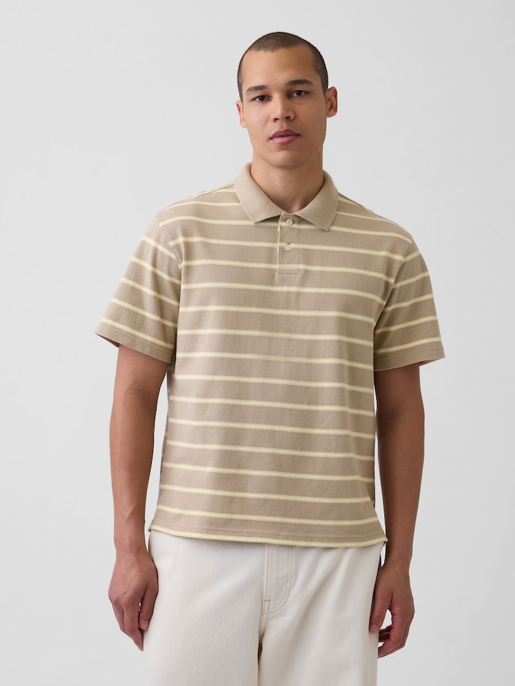 Gap Beige stripe Relaxed Pique Polo Shirt - Image 1 of 4 Gap Beige stripe Relaxed Pique Polo Shirt - Image 1 of 4