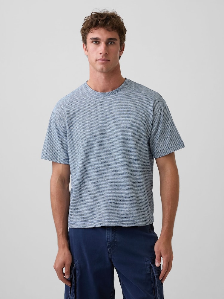Gap Blue Stripe Linen-Cotton Oversized Boxy Short Sleeve T-Shirt - Image 1 of 3 Gap Blue Stripe Linen-Cotton Oversized Boxy Short Sleeve T-Shirt - Image 1 of 3