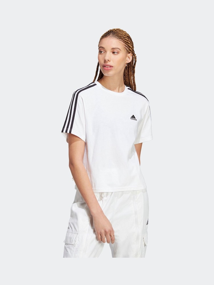 adidas White 100% Cotton Sportswear Essentials 3-Stripes Single Jersey Crop T-Shirt - Image 1 of 6