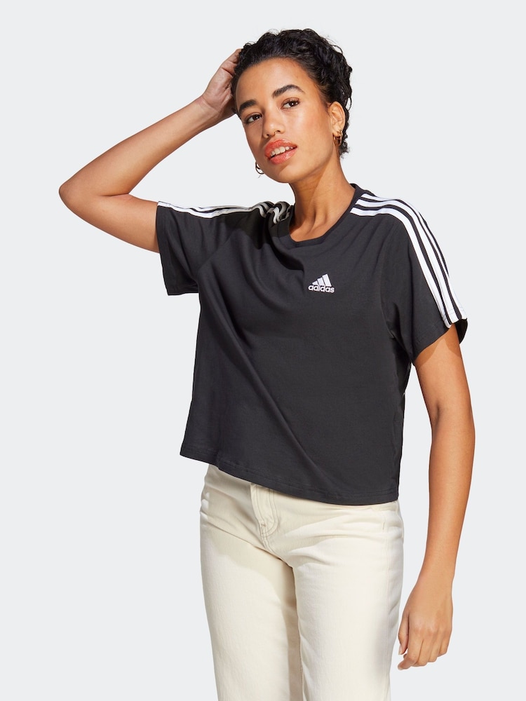 adidas Black 100% Cotton Sportswear Essentials 3-Stripes Single Jersey Crop T-Shirt - Image 1 of 7
