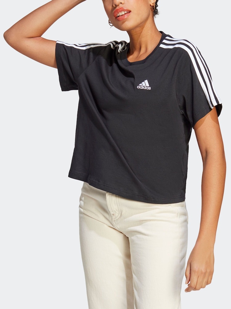 adidas Black 100% Cotton Sportswear Essentials 3-Stripes Single Jersey Crop T-Shirt - Image 2 of 7