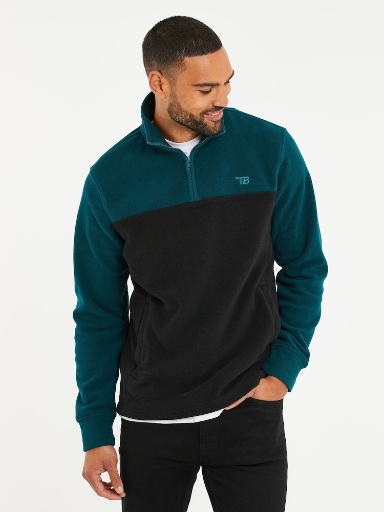 Threadbare Green/Black Two Tone Quarter Zip Fleece Jumper - Image 1 of 4