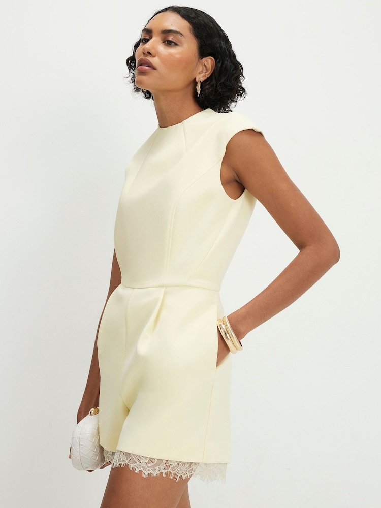 River Island Yellow Short Sleeve Lace Trim Playsuit - Image 1 of 4 River Island Yellow Short Sleeve Lace Trim Playsuit - Image 1 of 4
