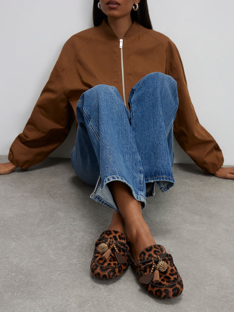 River Island Brown Leather Leopard Print Backless Loafers - Image 1 of 6
