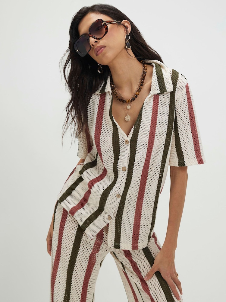 River Island Cream Short Sleeve Crochet Striped Shirt - Image 2 of 4 River Island Cream Short Sleeve Crochet Striped Shirt - Image 2 of 4