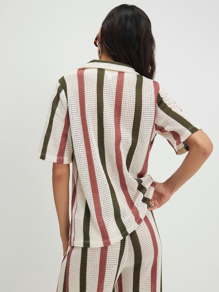River Island Cream Short Sleeve Crochet Striped Shirt - Image 4 of 4 River Island Cream Short Sleeve Crochet Striped Shirt - Image 4 of 4