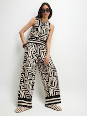 River Island Black Drawstring Linen Geometric Print Wide Leg Trousers - Image 1 of 4
