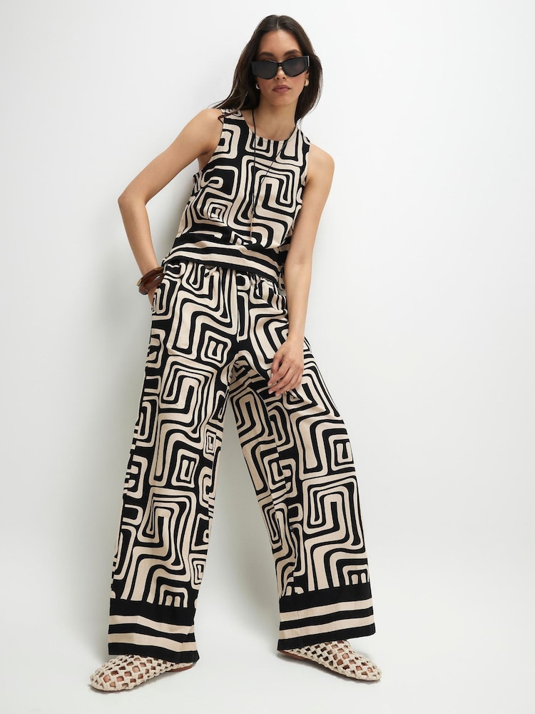 River Island Black Drawstring Linen Geometric Print Wide Leg Trousers - Image 1 of 4 River Island Black Drawstring Linen Geometric Print Wide Leg Trousers - Image 1 of 4