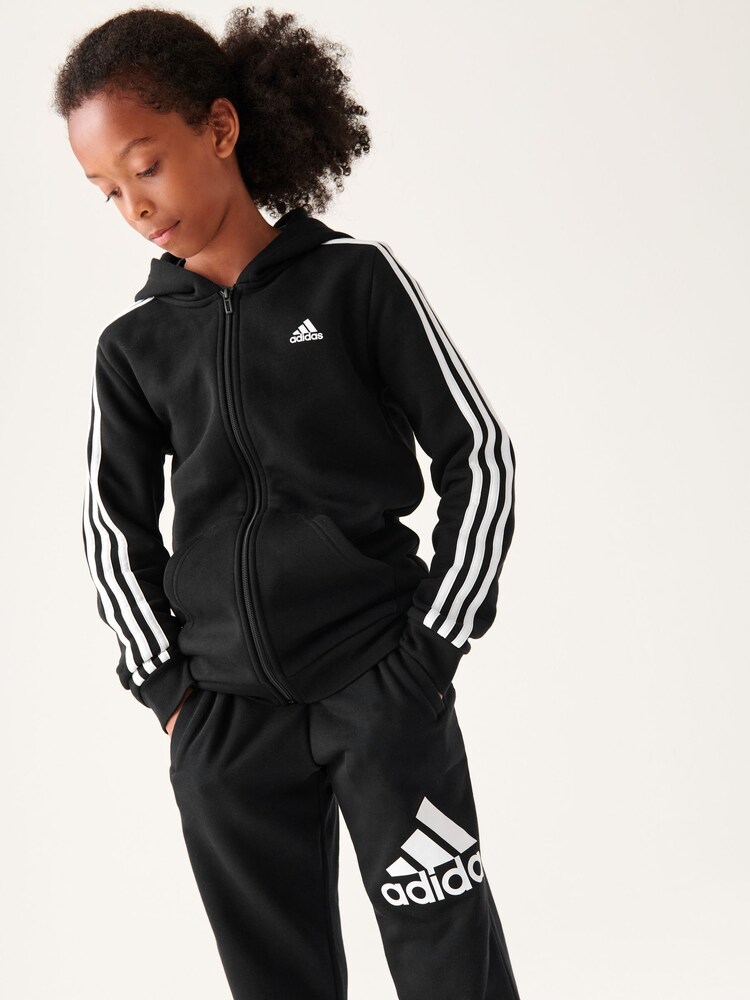 adidas Black 100% Cotton Essentials 3 Stripes Full Zip Hoodie - Image 1 of 11