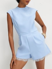 River Island Blue Short Sleeve Lace Trim Playsuit - Image 2 of 4