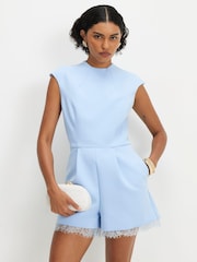 River Island Blue Short Sleeve Lace Trim Playsuit - Image 3 of 4