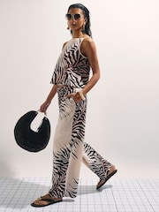 River Island Cream Drawstring Animal Print Wide Leg Trousers - Image 1 of 4