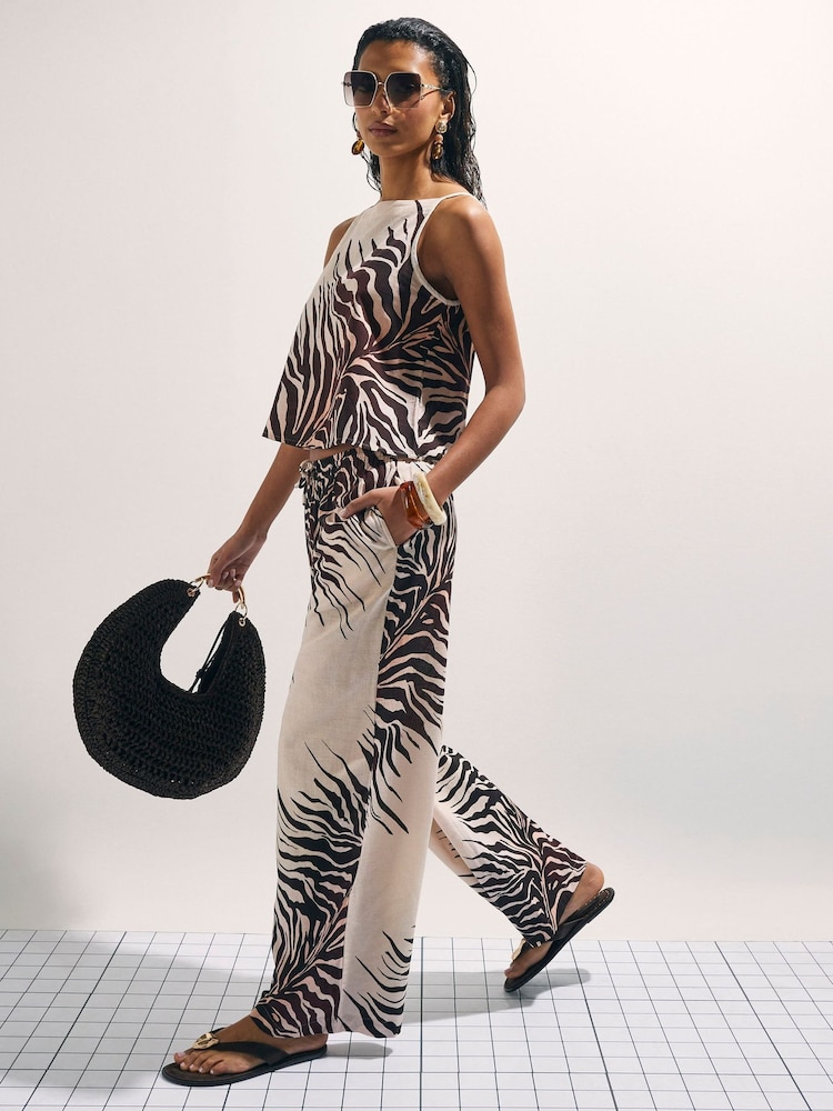 River Island Cream Drawstring Animal Print Wide Leg Trousers - Image 1 of 4
