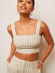 Cream Linen Blend Pinstripe Coord Cropped Top - Image 1 of 4