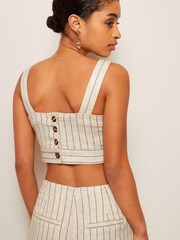Cream Linen Blend Pinstripe Coord Cropped Top - Image 3 of 4