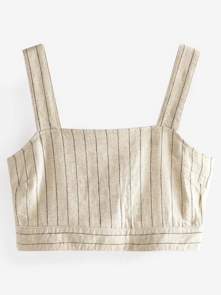 Cream Linen Blend Pinstripe Coord Cropped Top - Image 4 of 4