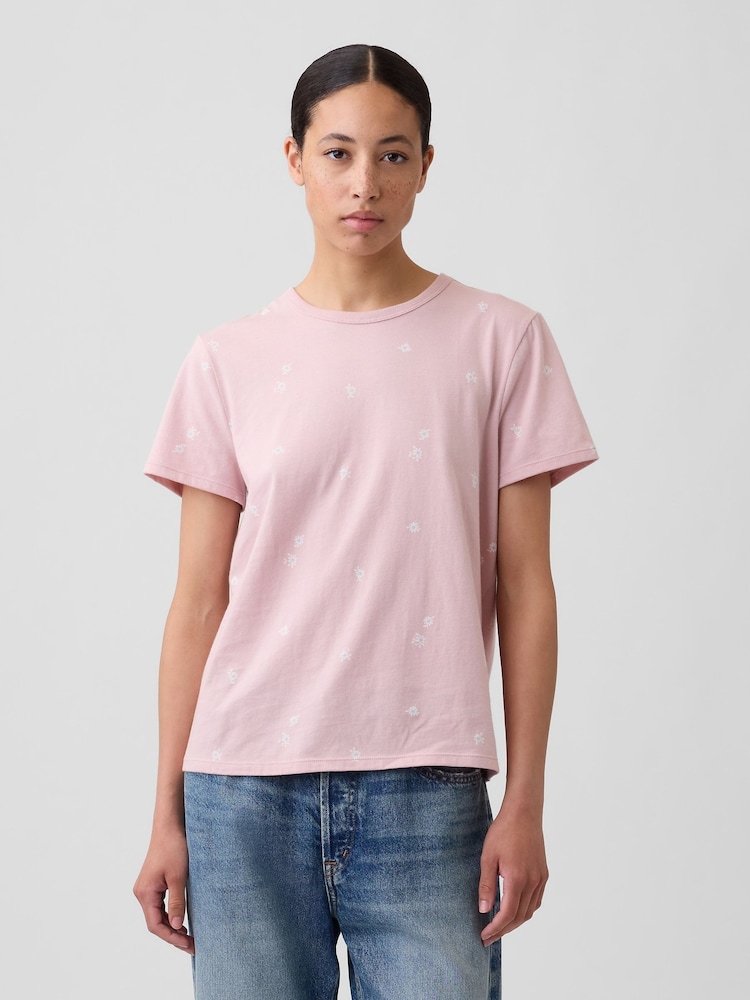 Gap Pink Floral Crew Neck Favourite Crew Neck Short Sleeve T-Shirt - Image 1 of 5