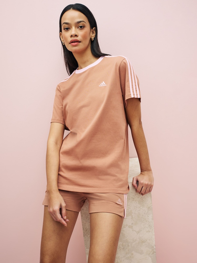 adidas Brown Essentials 3-Stripes 100% Cotton T-Shirt - Image 1 of 5
