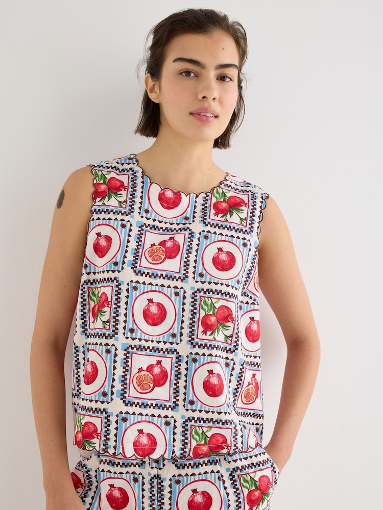 Oliver Bonas Blue Blue Pomegranate Print Sleeveless Scalloped Top - Image 1 of 7