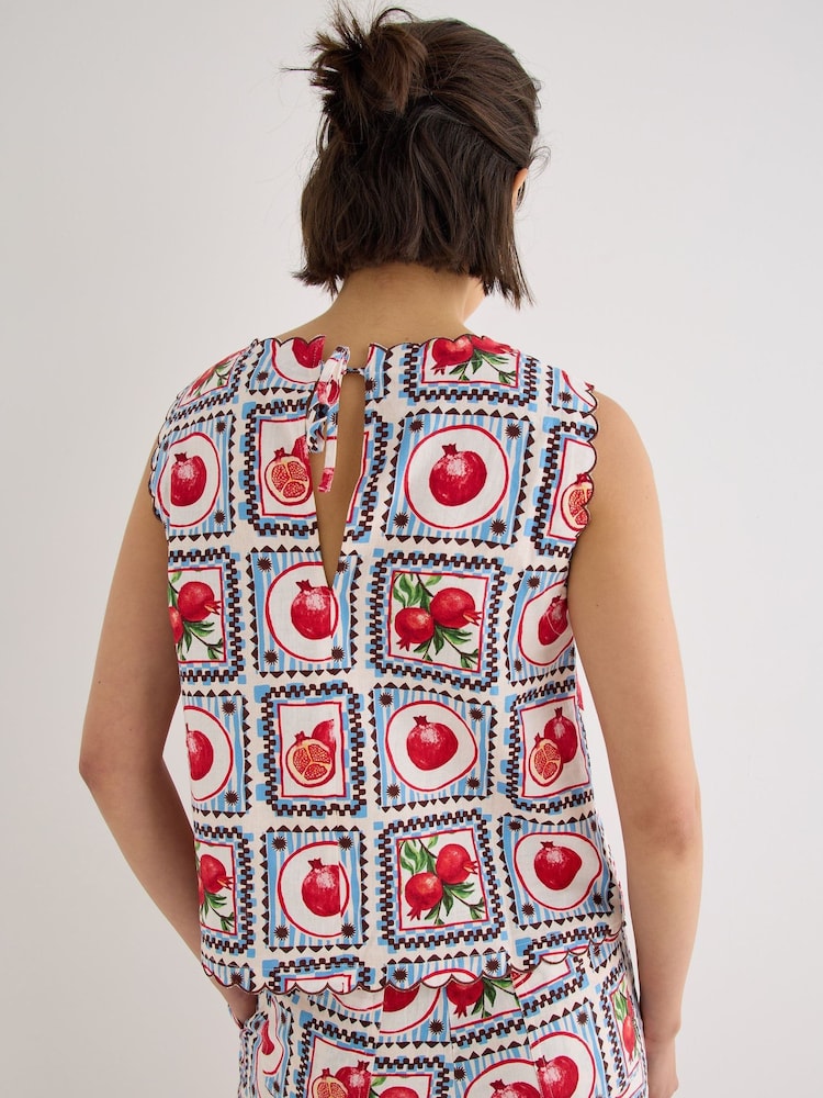 Oliver Bonas Blue Blue Pomegranate Print Sleeveless Scalloped Top - Image 2 of 7