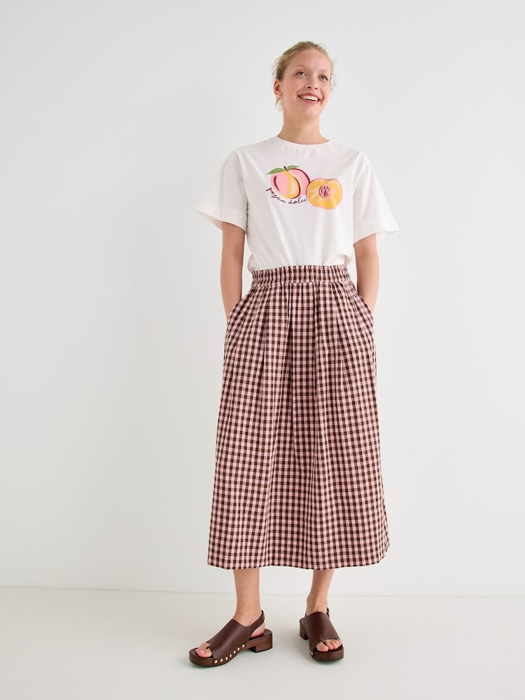 Oliver Bonas Pink Pink & Brown Gingham Elasticated Waist Midi Skirt - Image 1 of 7 Oliver Bonas Pink Pink & Brown Gingham Elasticated Waist Midi Skirt - Image 1 of 7