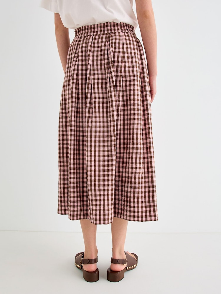 Oliver Bonas Pink Pink & Brown Gingham Elasticated Waist Midi Skirt - Image 2 of 7 Oliver Bonas Pink Pink & Brown Gingham Elasticated Waist Midi Skirt - Image 2 of 7