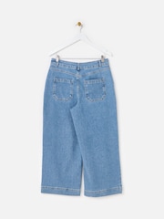 Oliver Bonas Blue Light Blue Denim Scalloped Pocket Cropped Wide Leg Jeans - Image 4 of 7