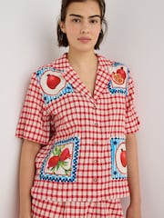 Oliver Bonas Red Red & Cream Gingham Pomegranate Short Sleeve Shirt - Image 1 of 7
