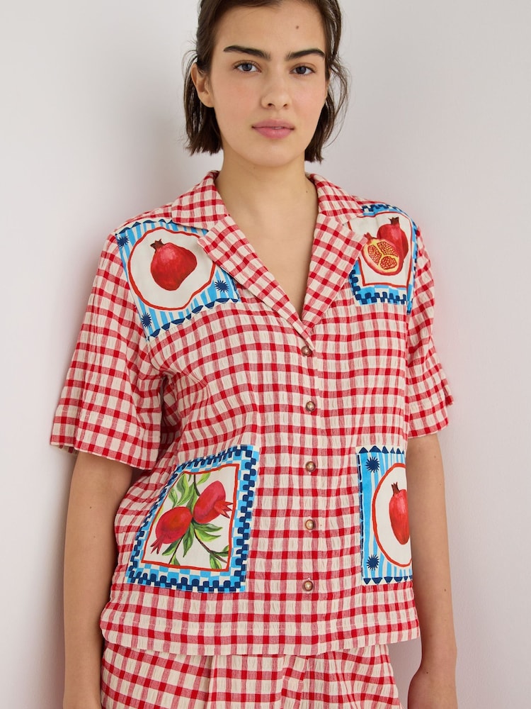 Oliver Bonas Red Red & Cream Gingham Pomegranate Short Sleeve Shirt - Image 1 of 7 Oliver Bonas Red Red & Cream Gingham Pomegranate Short Sleeve Shirt - Image 1 of 7