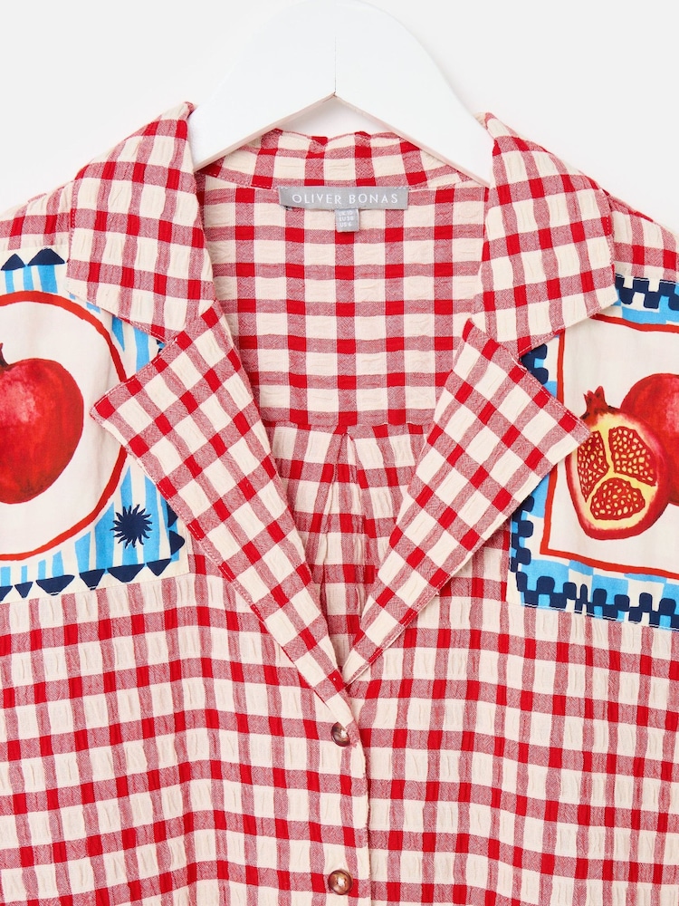Oliver Bonas Red Red & Cream Gingham Pomegranate Short Sleeve Shirt - Image 7 of 7 Oliver Bonas Red Red & Cream Gingham Pomegranate Short Sleeve Shirt - Image 7 of 7