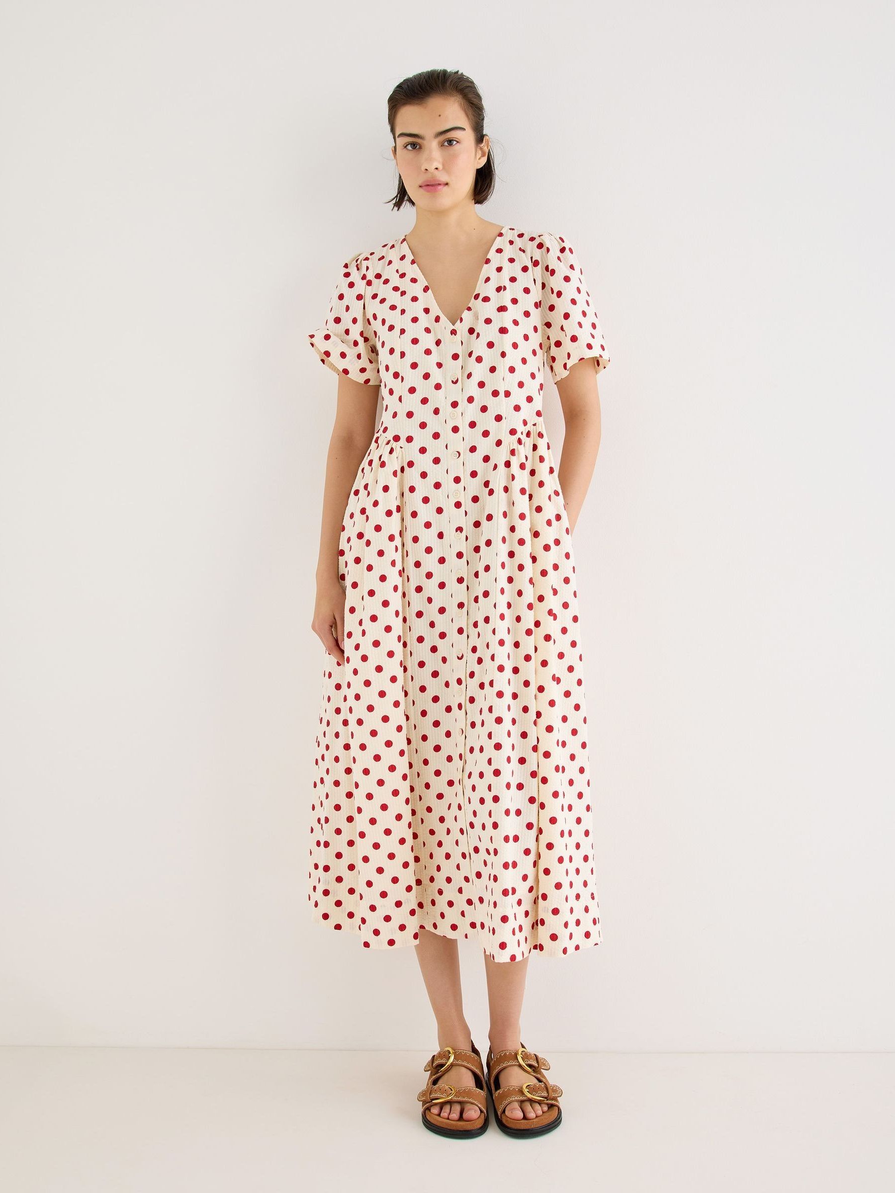Buy Oliver Bonas White Cream & Red Polka Dot V-Neck Midi Dress