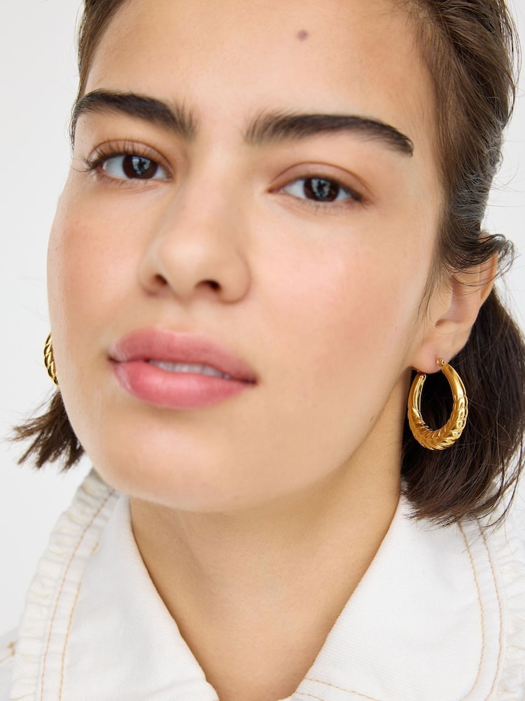 Oliver Bonas Gold Roxy Gold Tone Waterproof Textured Hoop Earrings - Image 3 of 3 Oliver Bonas Gold Roxy Gold Tone Waterproof Textured Hoop Earrings - Image 3 of 3