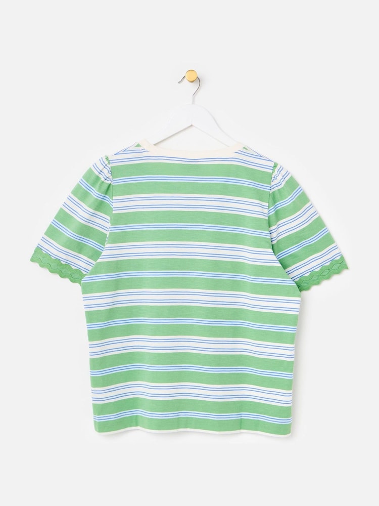 Oliver Bonas Green Green & Blue Striped Flutter Sleeve T-Shirt - Image 2 of 5 Oliver Bonas Green Green & Blue Striped Flutter Sleeve T-Shirt - Image 2 of 5