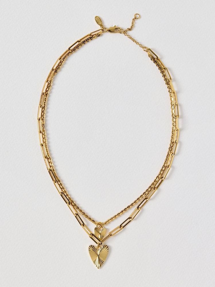 Oliver Bonas Gold Melony Gold Tone Waterproof Triple Row Etched Heart Pendant Necklace - Image 1 of 3