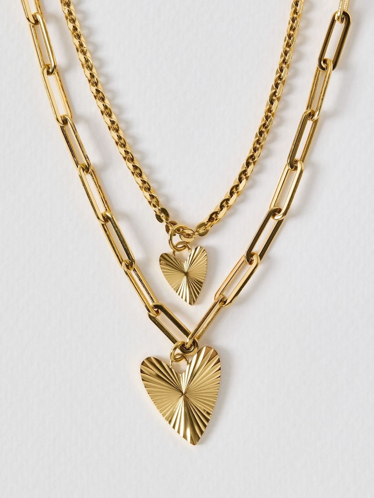 Oliver Bonas Gold Melony Gold Tone Waterproof Triple Row Etched Heart Pendant Necklace - Image 2 of 3