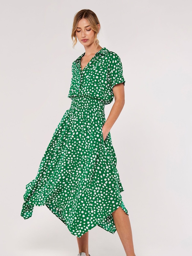 Apricot Green Painterly Dot Smocked Midi Dress - Image 1 of 4