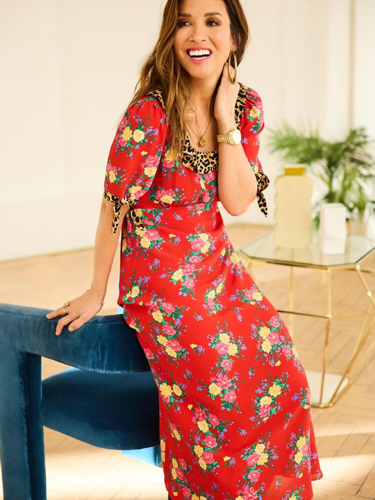 Myleene Klass Red Mix Print Midi Dress - Image 3 of 6