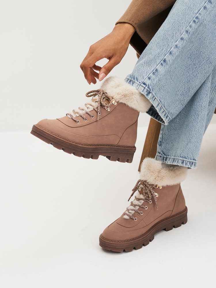Tan Brown Regular/Wide Fit Forever Comfort® Faux Fur Lace Up Chunky Boots - Image 1 of 7