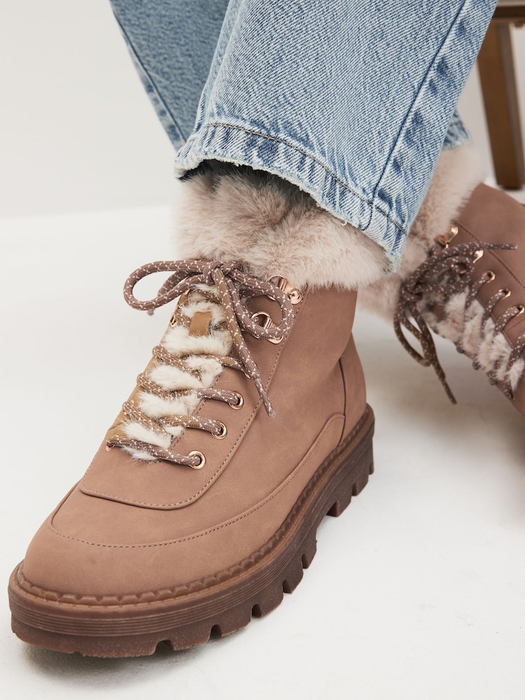 Tan Brown Regular/Wide Fit Forever Comfort® Faux Fur Lace Up Chunky Boots - Image 2 of 7
