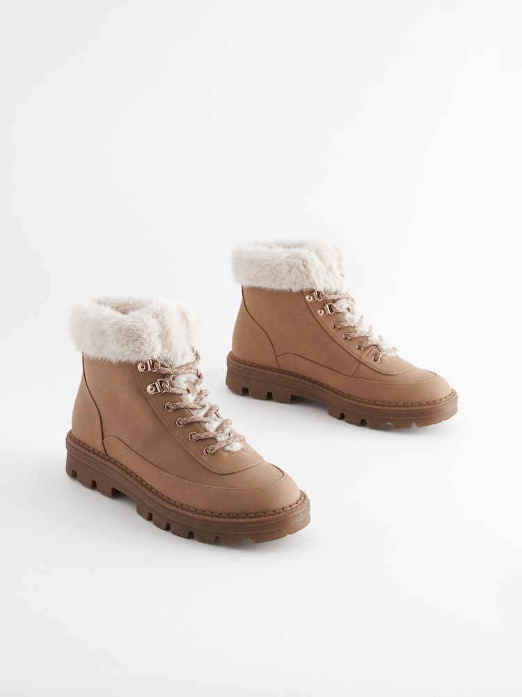 Tan Brown Regular/Wide Fit Forever Comfort® Faux Fur Lace Up Chunky Boots - Image 3 of 7