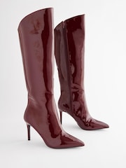 Burgundy Red Pointed Toe Patent Knee High Boots - Image 1 of 5