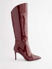 Burgundy Red Pointed Toe Patent Knee High Boots - Image 2 of 5