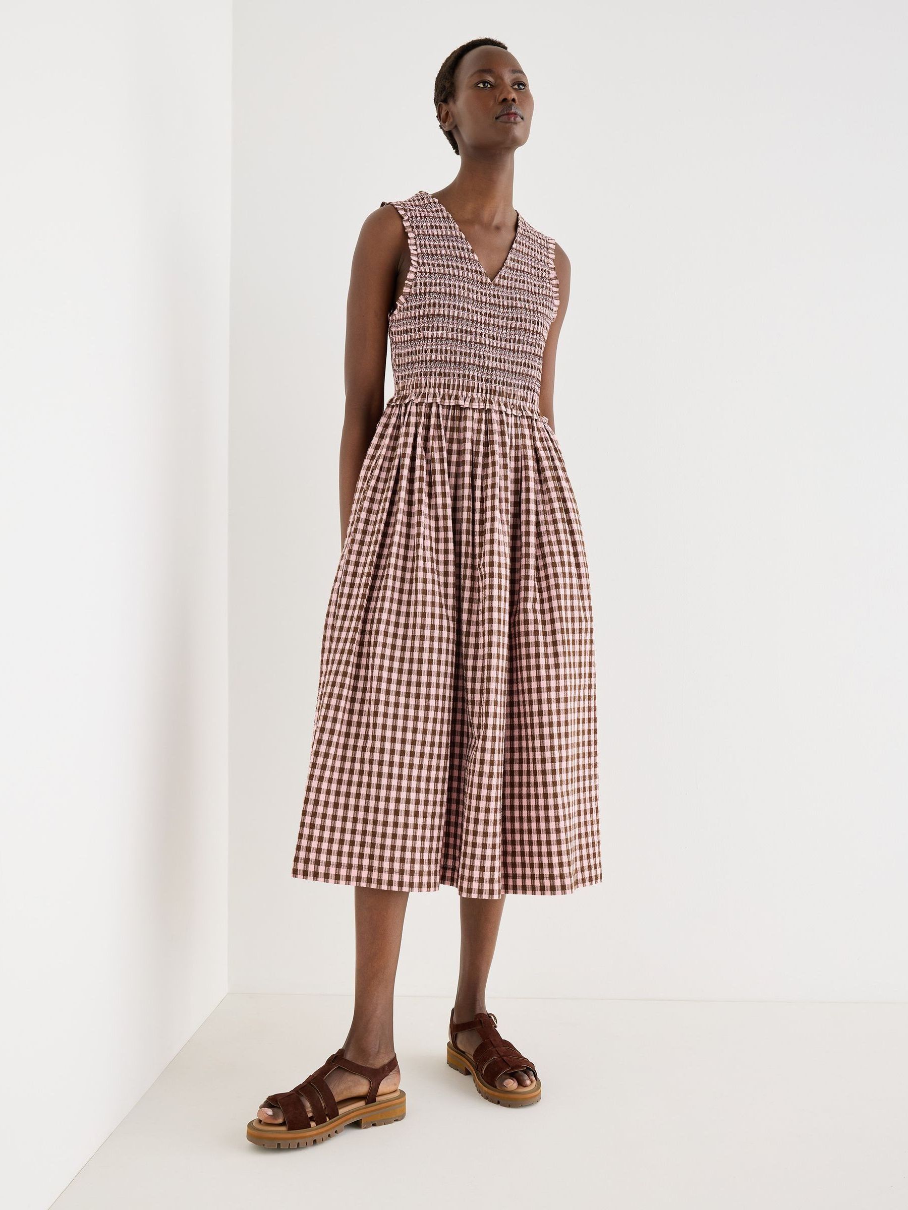 Buy Oliver Bonas Pink Pink & Brown Gingham Shirred Bodice V-Neck