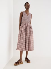 Oliver Bonas Pink Pink & Brown Gingham Shirred Bodice V-Neck Midi Dress - Image 1 of 8