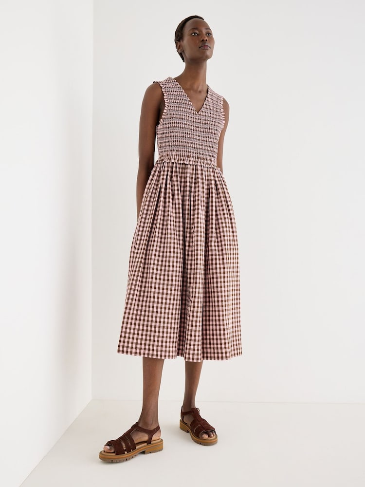 Oliver Bonas Pink Pink & Brown Gingham Shirred Bodice V-Neck Midi Dress - Image 1 of 8 Oliver Bonas Pink Pink & Brown Gingham Shirred Bodice V-Neck Midi Dress - Image 1 of 8