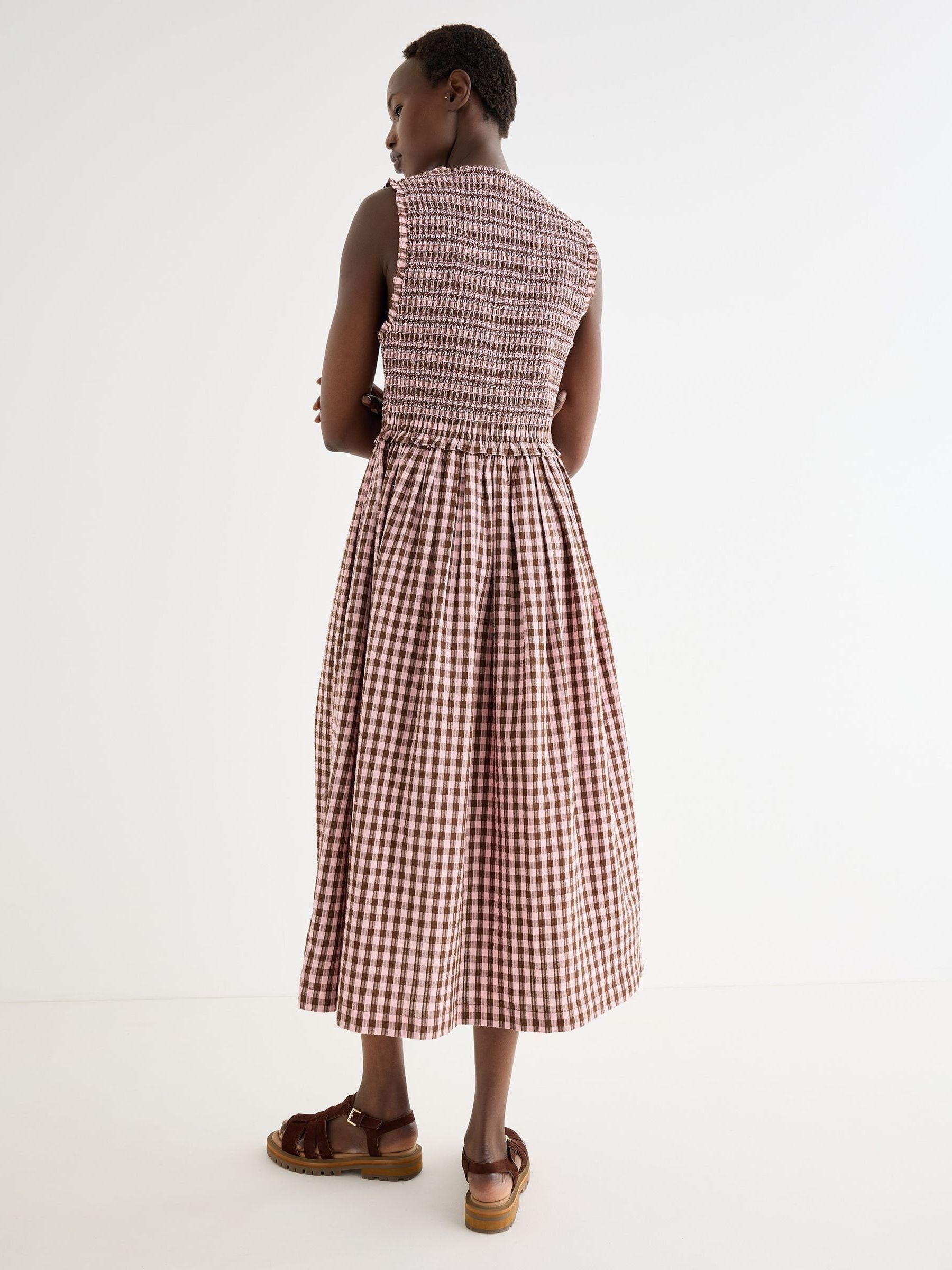 Buy Oliver Bonas Pink Pink & Brown Gingham Shirred Bodice V-Neck