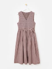 Oliver Bonas Pink Pink & Brown Gingham Shirred Bodice V-Neck Midi Dress - Image 3 of 8