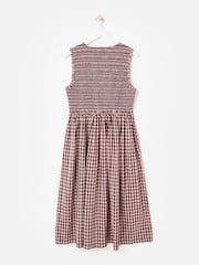 Oliver Bonas Pink Pink & Brown Gingham Shirred Bodice V-Neck Midi Dress - Image 4 of 8